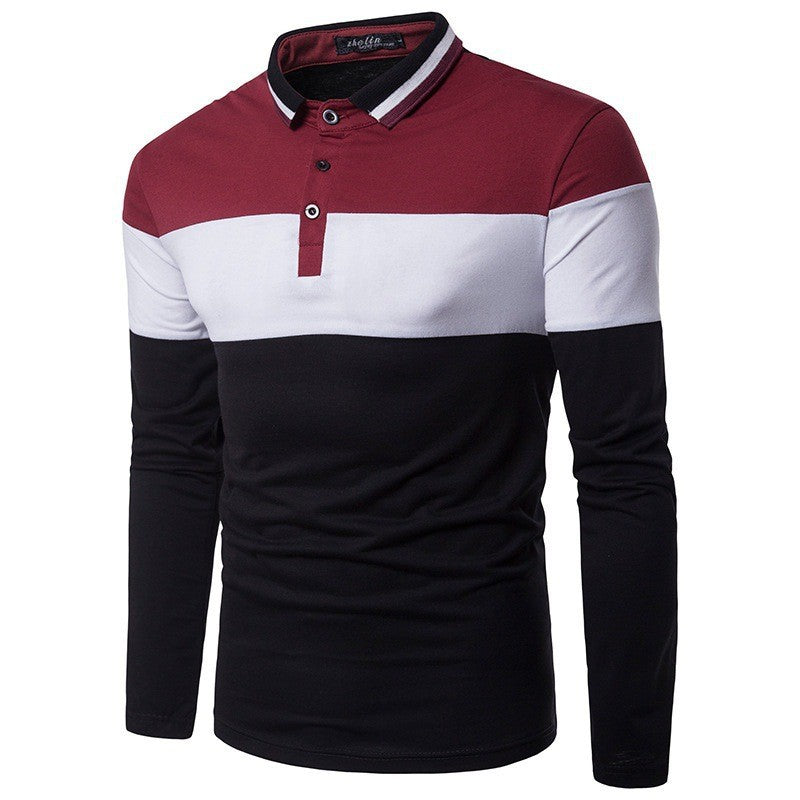 New Men&#039;s Fashionable Color Block Collar Long-sleeved T-shirt,Men&#039;s Casual Lapel Polo Shirt