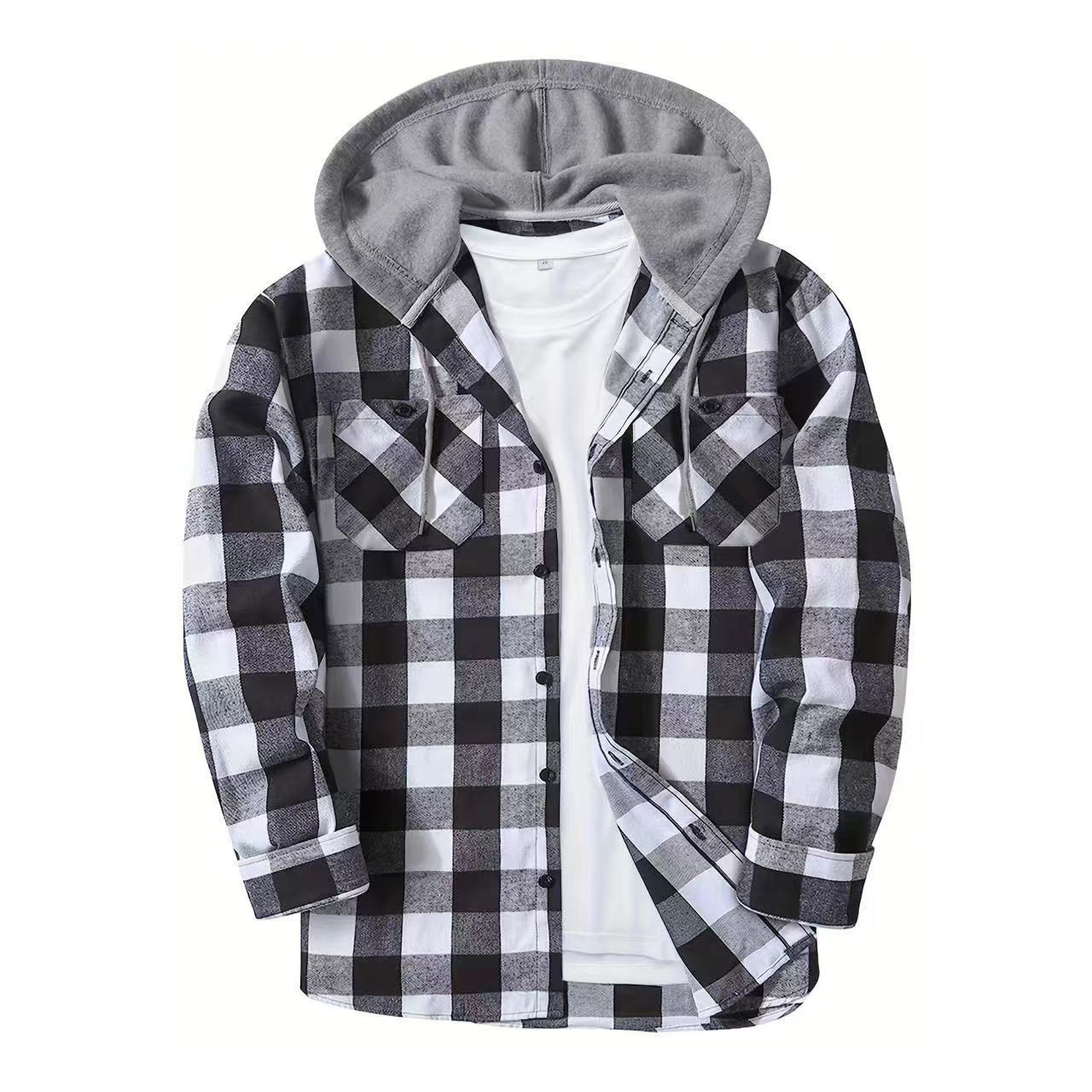 New Amazon Faranel Plaid Hooded Inches Shirt European And American Sizes Double Pocket Flap Shirt For Men