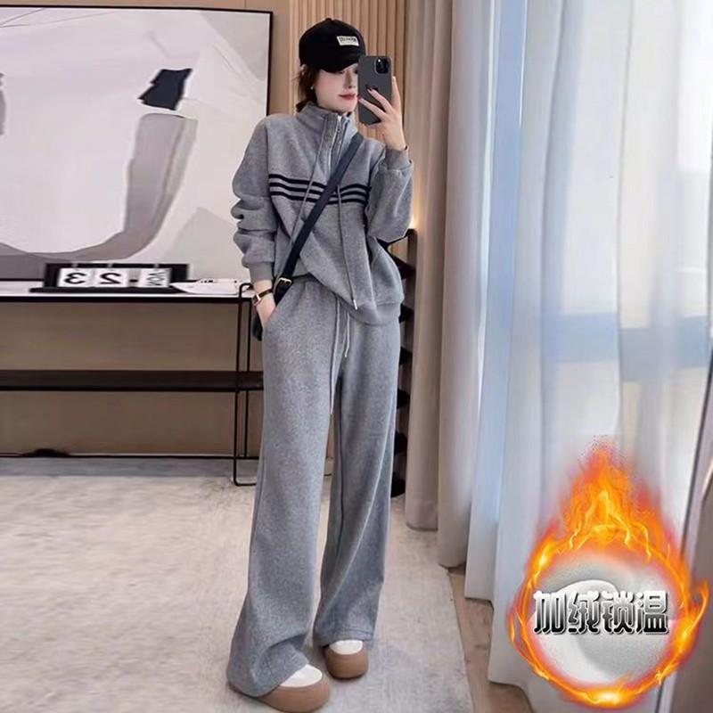 Fashionable Casual Sports Suit For Women Autumn And Winter 2024 New European Style Loose And Foreign Style Plus Velvet Thickened Sweatshirt Two-piece Set