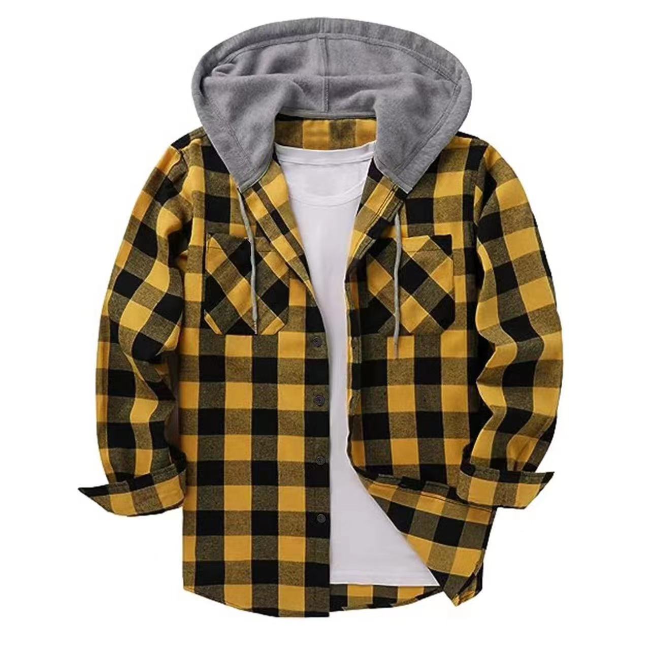 New Amazon Faranel Plaid Hooded Inches Shirt European And American Sizes Double Pocket Flap Shirt For Men