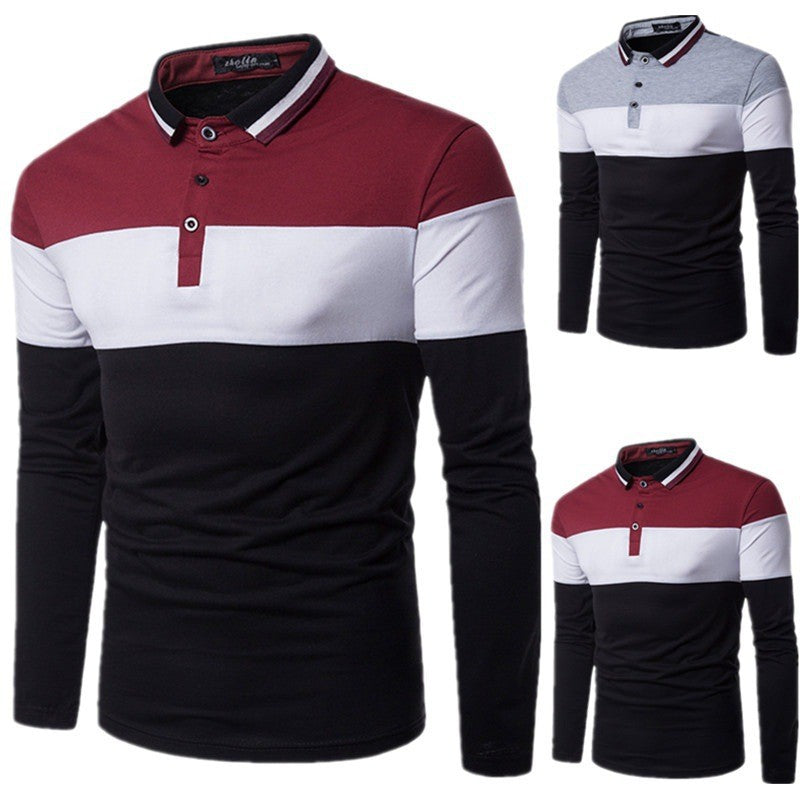 New Men&#039;s Fashionable Color Block Collar Long-sleeved T-shirt,Men&#039;s Casual Lapel Polo Shirt