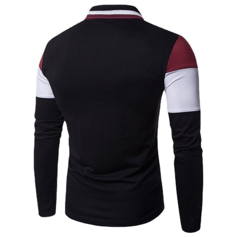 New Men&#039;s Fashionable Color Block Collar Long-sleeved T-shirt,Men&#039;s Casual Lapel Polo Shirt