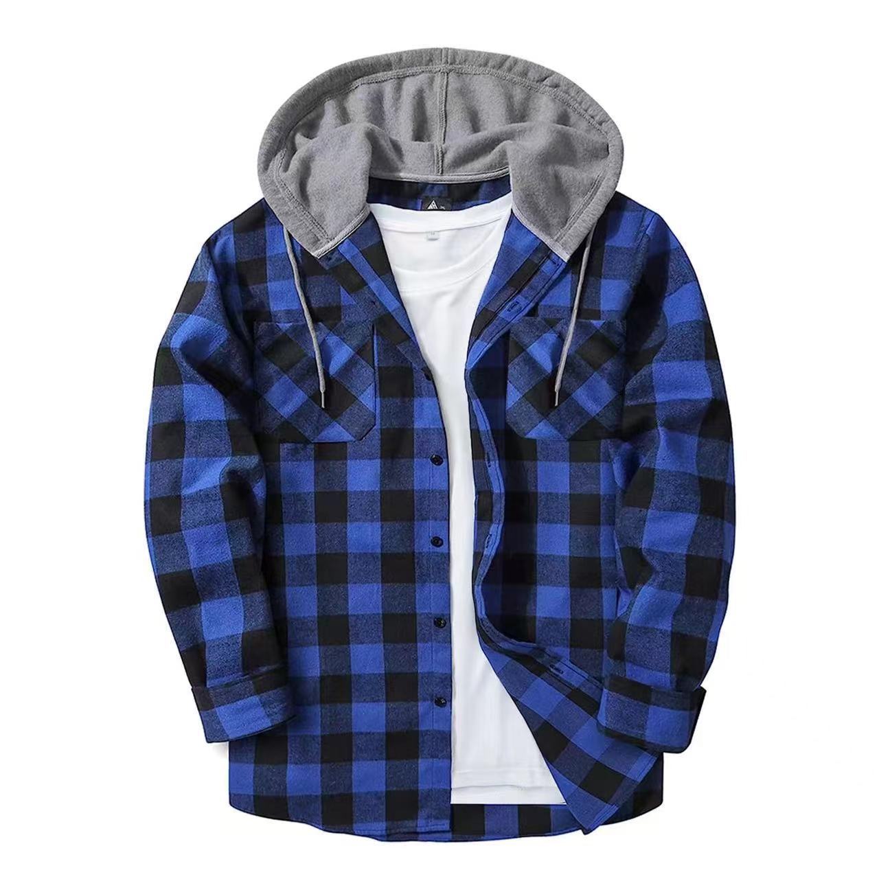 New Amazon Faranel Plaid Hooded Inches Shirt European And American Sizes Double Pocket Flap Shirt For Men