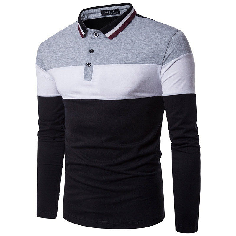 New Men&#039;s Fashionable Color Block Collar Long-sleeved T-shirt,Men&#039;s Casual Lapel Polo Shirt