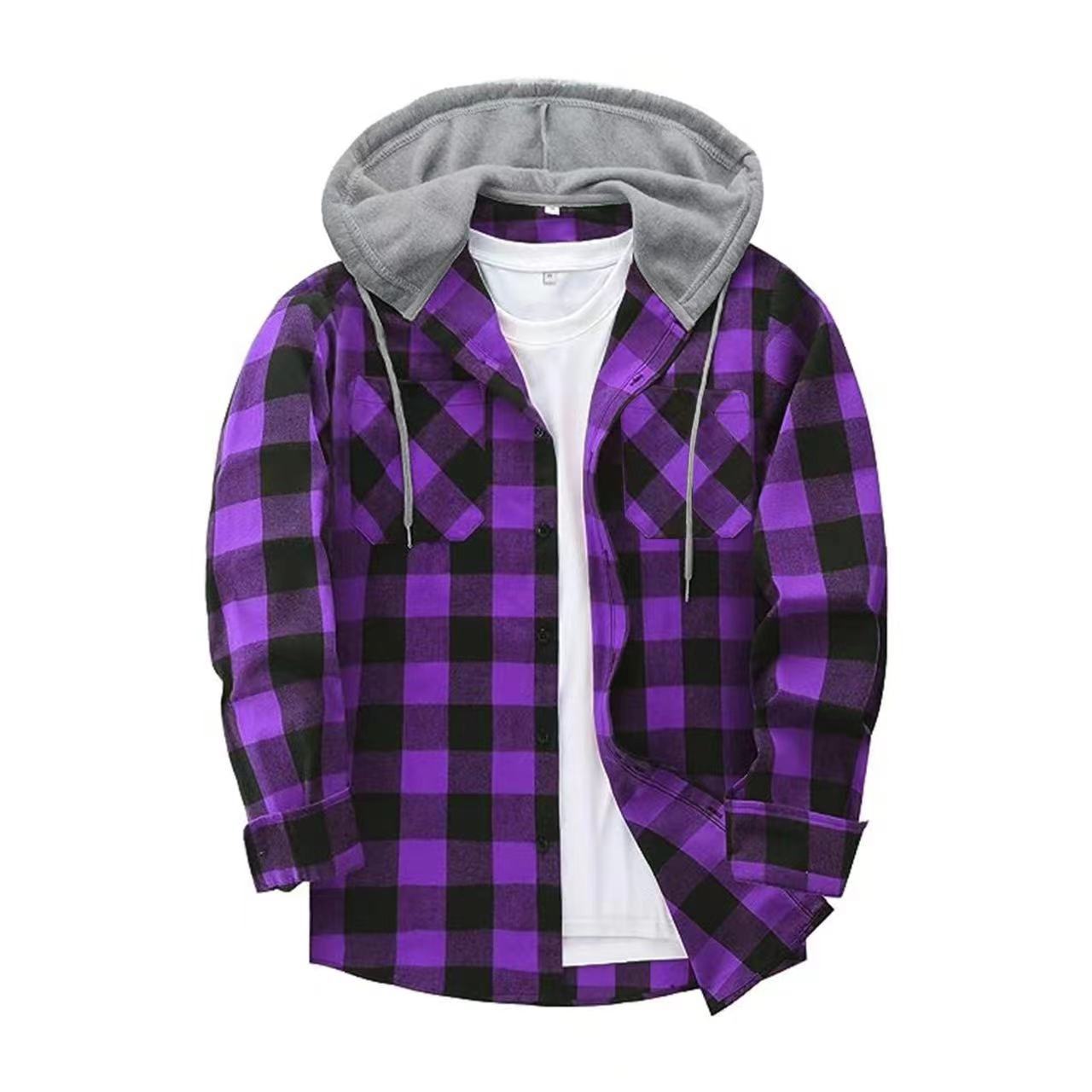 New Amazon Faranel Plaid Hooded Inches Shirt European And American Sizes Double Pocket Flap Shirt For Men