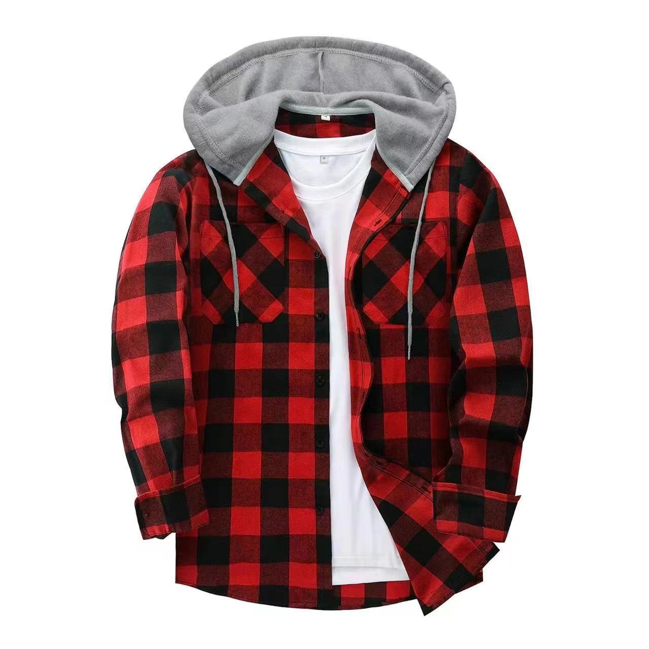 New Amazon Faranel Plaid Hooded Inches Shirt European And American Sizes Double Pocket Flap Shirt For Men